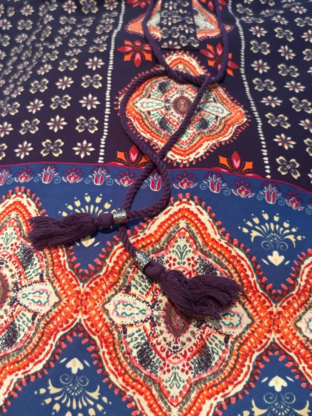 DR2 Navy Boho Top with Purple Tassel & Orange Medallion Print XS - Picture 2 of 11